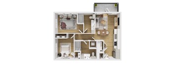A 3D floor plan of a small apartment with a kitchen, living room, and bedroom.
