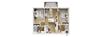 A 3D floor plan of a house with a kitchen, living room, dining room, and bedrooms.