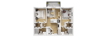 A 3D floor plan of a house showing a kitchen, living room, and two bedrooms.