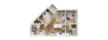 A top-down view of a house layout with a kitchen, living room, and bedrooms.