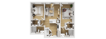 A white and wood floor plan of a small apartment.