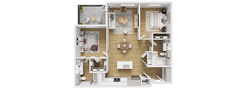 A top-down view of a modern apartment layout.