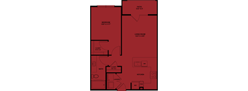 A red floor plan of a house with a bathroom, bedroom, living room, kitchen, and closets.
