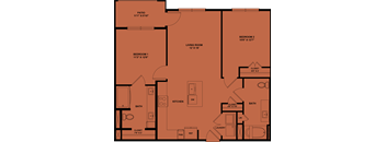 A floor plan of a house with a living room, two bedrooms, a kitchen, a bath, and a laundry area.