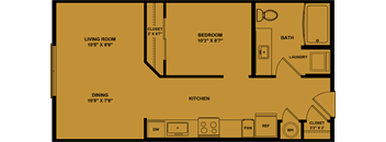A floor plan of a small apartment with a living room, dining room, kitchen, bedroom, bathroom, and laundry room.