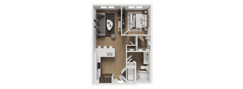 A small, neatly organized apartment with a bedroom, living room, and kitchen.