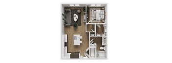 A small, neatly organized room with a bed, desk, and a green chair.