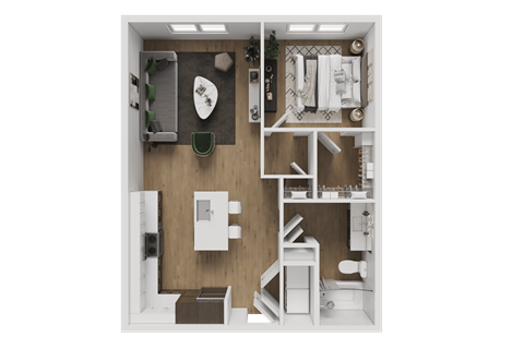 A small, neatly organized room with a bed, desk, and a green chair.
