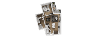 A top-down view of a house layout with a kitchen, living room, and two bedrooms.
