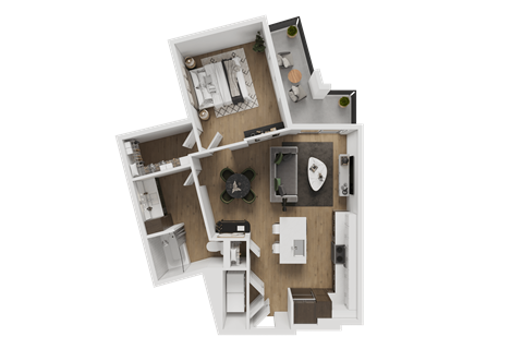 A top-down view of a house layout with a kitchen, living room, and two bedrooms.