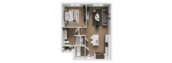 A top-down view of a small apartment with a kitchen, living room, and bathroom.