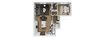 A top-down view of a small apartment with a kitchen, living room, and bathroom.