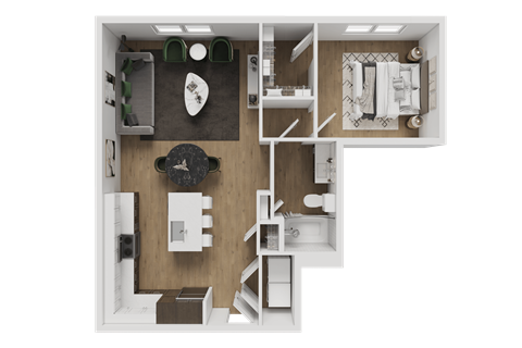 A top-down view of a small apartment with a kitchen, living room, and bathroom.