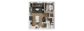 A top-down view of a small apartment with a living room, kitchen, and bedroom.