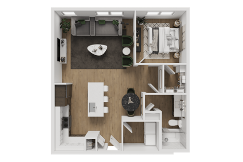 A top-down view of a small apartment with a living room, kitchen, and bedroom.