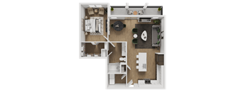 A top-down view of a small apartment with a kitchen, living room, and bathroom.