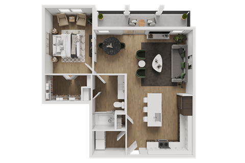 A top-down view of a small apartment with a kitchen, living room, and bathroom.