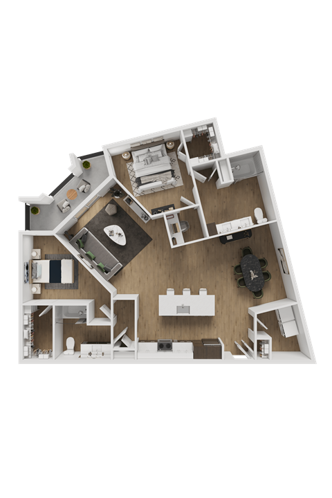 A detailed 3D floor plan of a house layout.