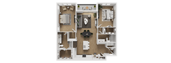 A top-down view of a small apartment with a living room, kitchen, and bedroom.