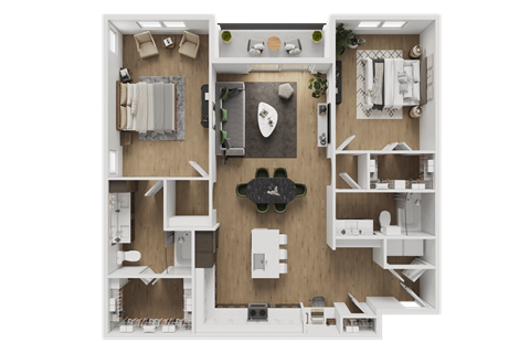 A top-down view of a small apartment with a living room, kitchen, and bedroom.