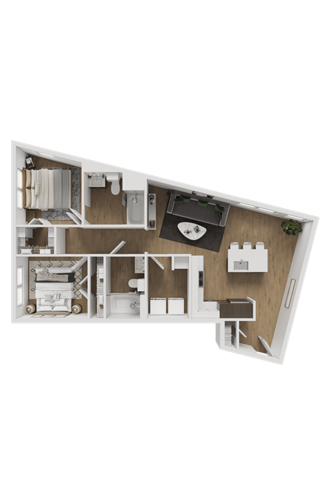 A 3D floor plan of a house layout.