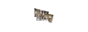 A top-down view of a house layout with a living room, kitchen, and two bedrooms.