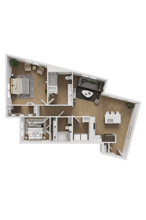 A top-down view of a house layout with a living room, kitchen, and two bedrooms.