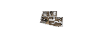A 3D floor plan of a house with a kitchen, living room, and two bedrooms.