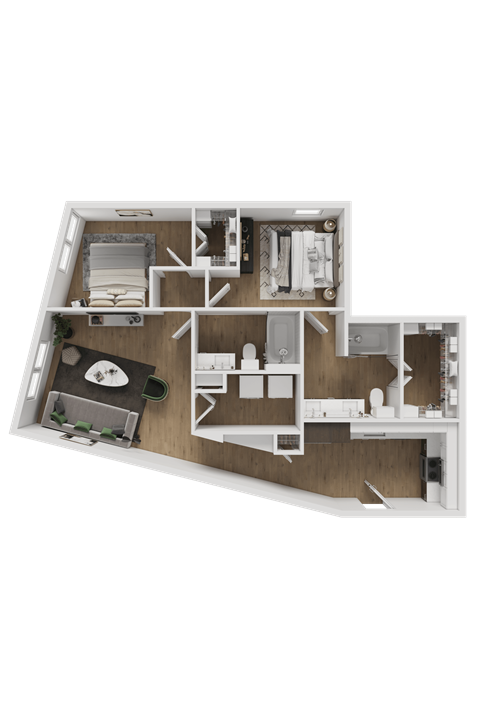 A 3D floor plan of a house with a kitchen, living room, and two bedrooms.