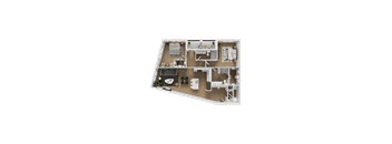 A top-down view of a house layout with a living room, kitchen, and two bedrooms.