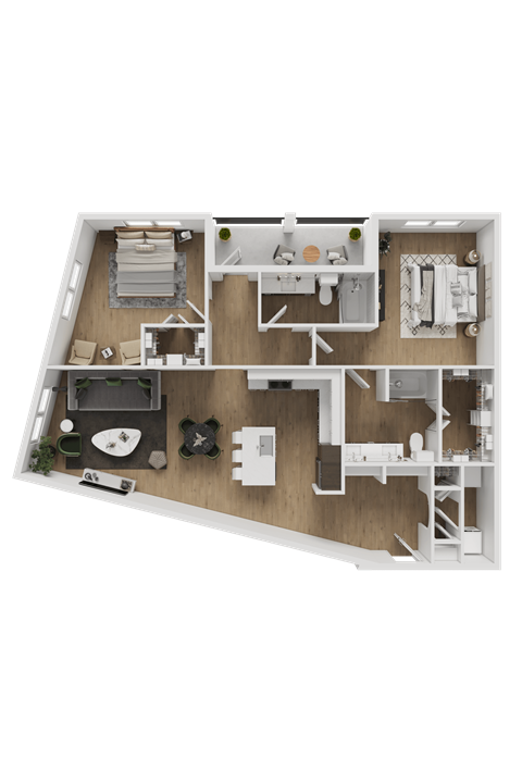 A top-down view of a house layout with a living room, kitchen, and two bedrooms.