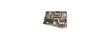 A detailed 3D floor plan of a house layout.