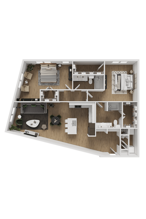 A detailed 3D floor plan of a house layout.