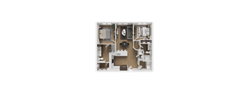 A detailed 3D floor plan of a small apartment layout.