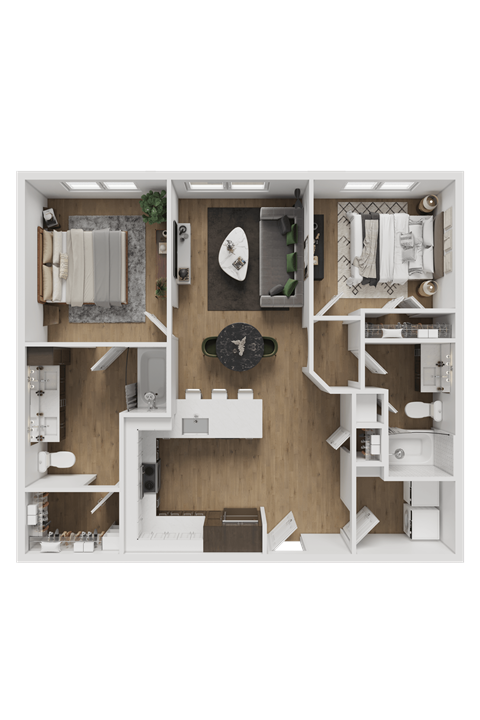 A detailed 3D floor plan of a small apartment layout.