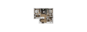 A top-down view of a small, neatly organized apartment.