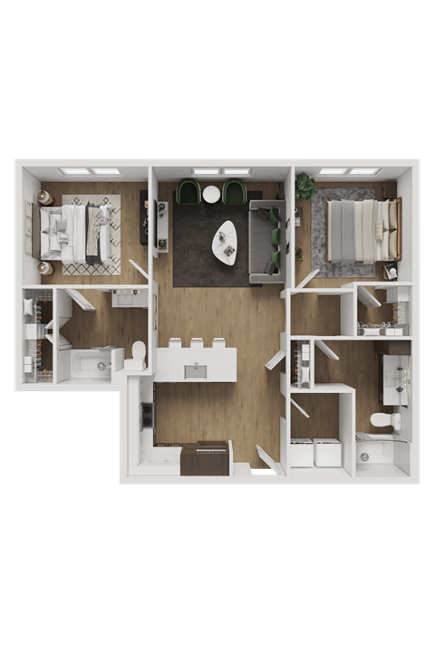 A top-down view of a small, neatly organized apartment.