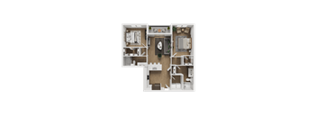 A top-down view of a house layout with a kitchen, living room, and two bedrooms.