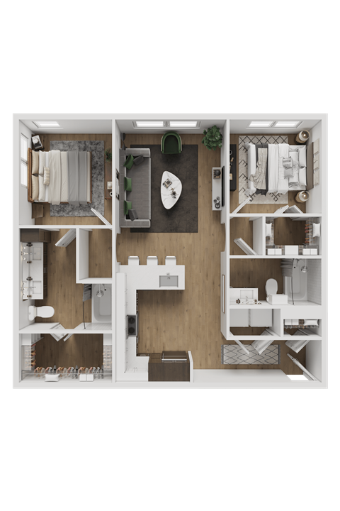 A floor plan of a house with a kitchen, living room, and bedrooms.