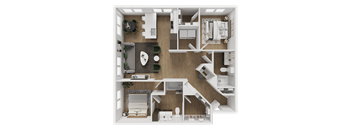 A top-down view of a small apartment with a kitchen, living room, and bathroom.