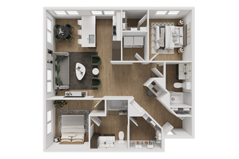 A top-down view of a small apartment with a kitchen, living room, and bathroom.