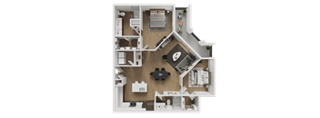 A top-down view of a house layout with a living room, kitchen, and two bedrooms.