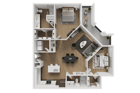 A top-down view of a house layout with a living room, kitchen, and two bedrooms.