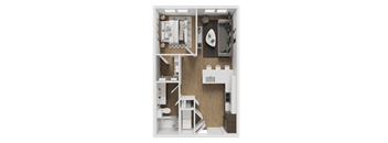 A top-down view of a small, well-organized apartment with a kitchen, bathroom, and living area.