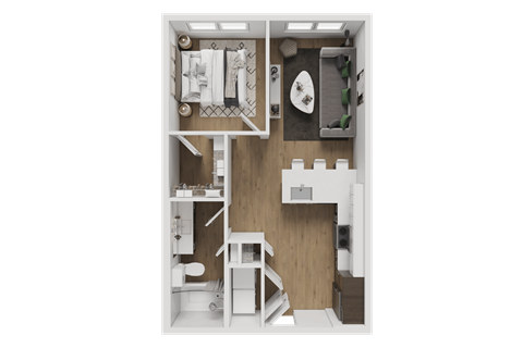 A top-down view of a small, well-organized apartment with a kitchen, bathroom, and living area.