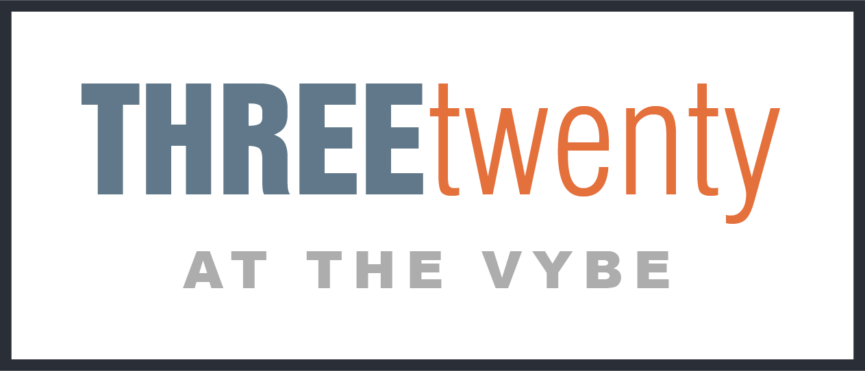 A logo with the words at ThreeTwenty at the Vybe Apartments, Texas