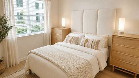 Bedroom with upholstered headboard and wood nightstands at Augustine Apartments, Austin
