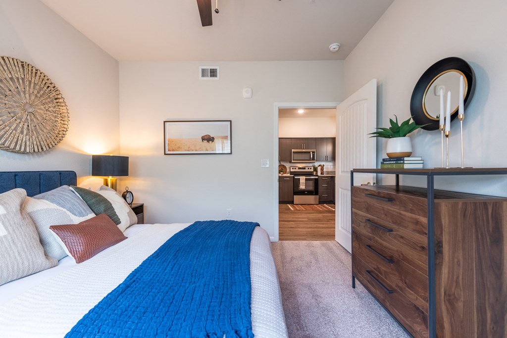 Bedroom of a spacious luxury apartment at Bridge at Paloma 78754 Northeast Austin