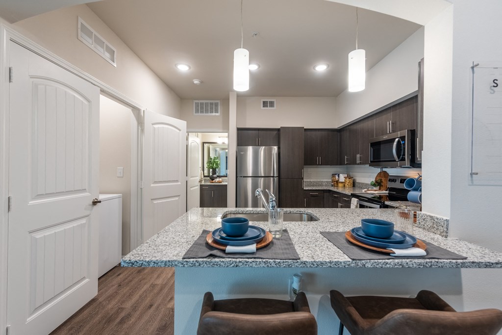 Kitchen of a spacious luxury apartment at Bridge at Paloma 78754 Northeast Austin