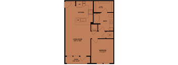 A floor plan of a house with a living room, kitchen, bathroom, bedroom, and laundry area.